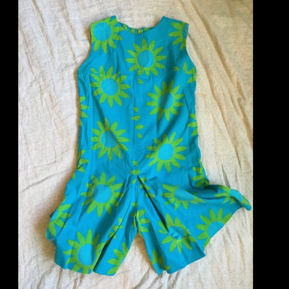 Vintage 60s Romper Maya Blue / Olivine Green Sunflower Looking Romper XS - Picture 2 of 5